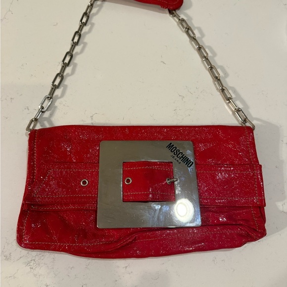 Moschino Handbags - Vintage Moschino Shiny Patent Leather Red
Clutch Bag Handbag Chain Strap POuch